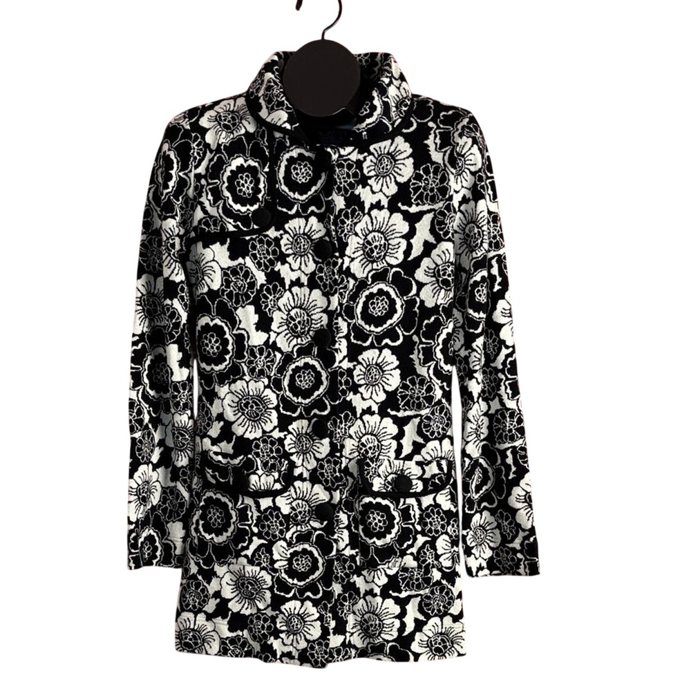 Michael Simon Black‎ White Floral Long Knit Sweater Cardigan VTG READ PLEASE